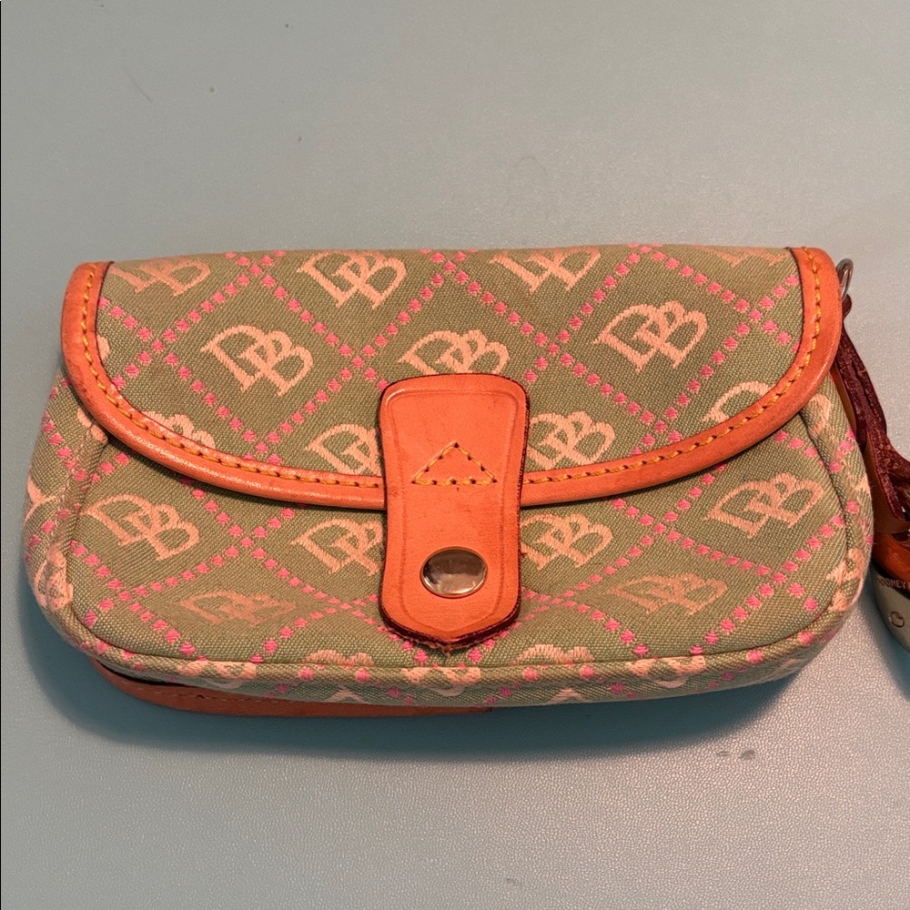 Dooney & Bourke Green and Tan Clutch with Pink Accents